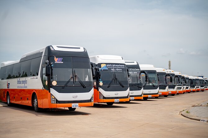 VET Bus services in Cambodia - Onboard comfort: A/C, reclining seats, water, and real charging